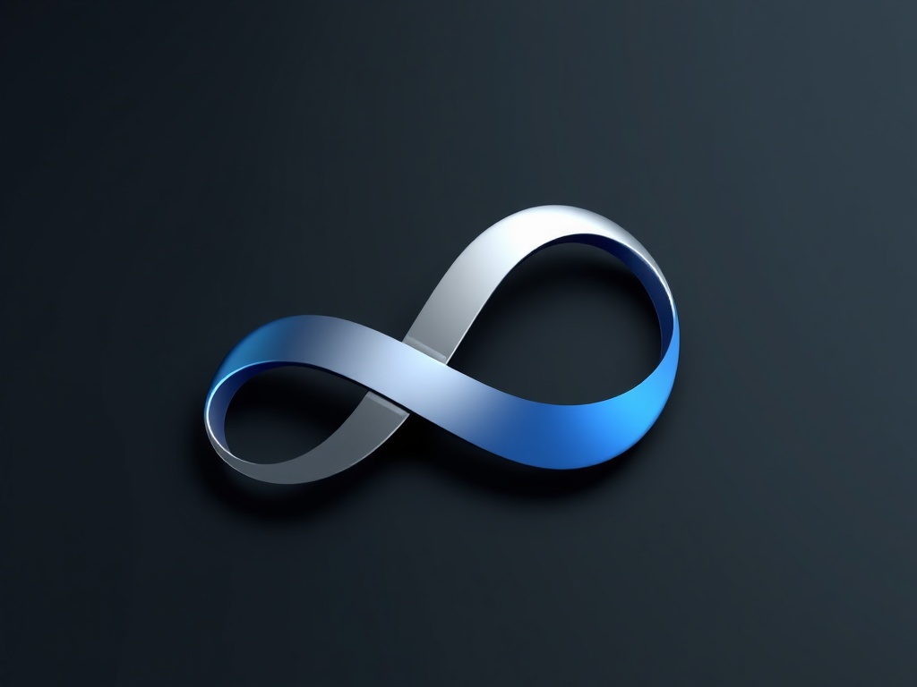 Sleek 3D abstract logo mark, a fluid ribbon shape made of silver and blue gradients, floating on a dark matte surface, 8k product photography